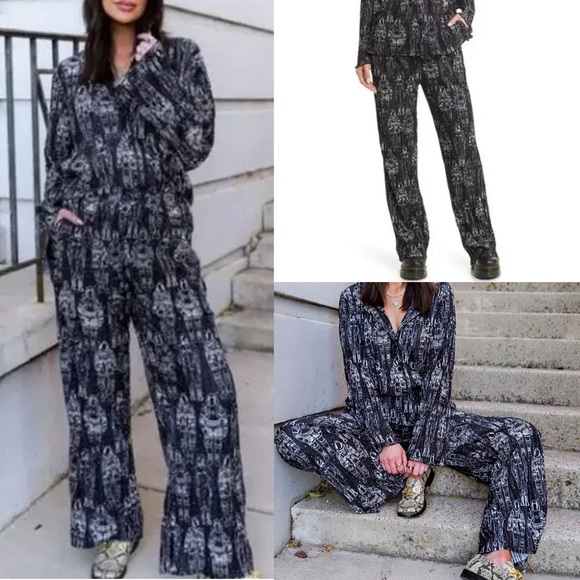 NWT Dressed in LALA Black/Gray Interstellar Plissé Long Sleeve Flare Leg Set - L